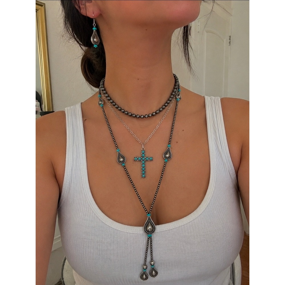 Southwestern Turquoise Silver Layered Necklace Set Cross Lariat Earrings 4pc